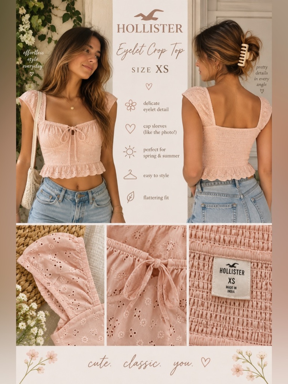 Hollister Blush Eyelet Tie-Front Crop Top